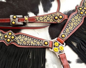Showman PONY SIZE Sunflower print headstall and breast collar set with fringe #2